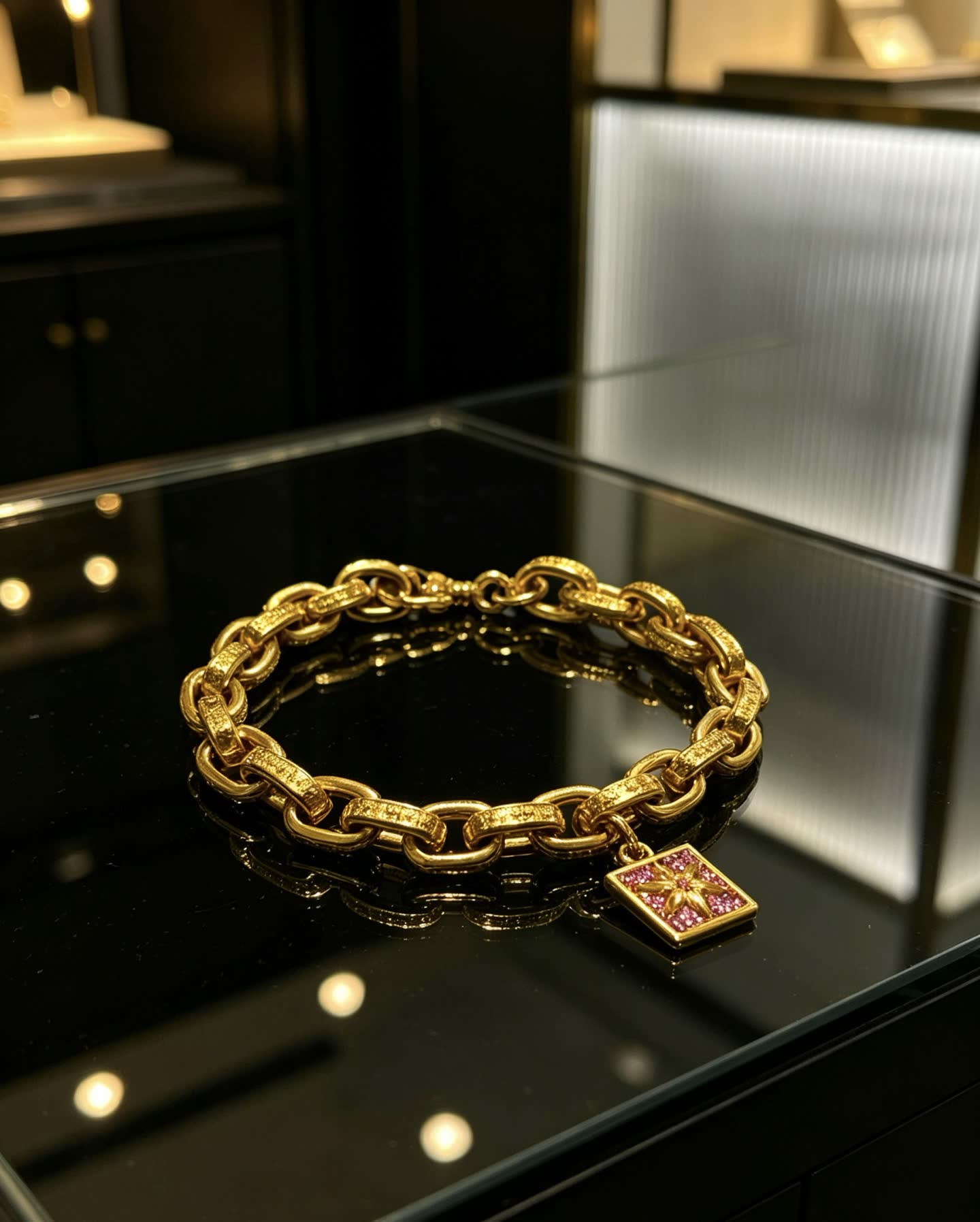 Chrome Hearts Gold Tone Bracelet with Pink Crystal Charm